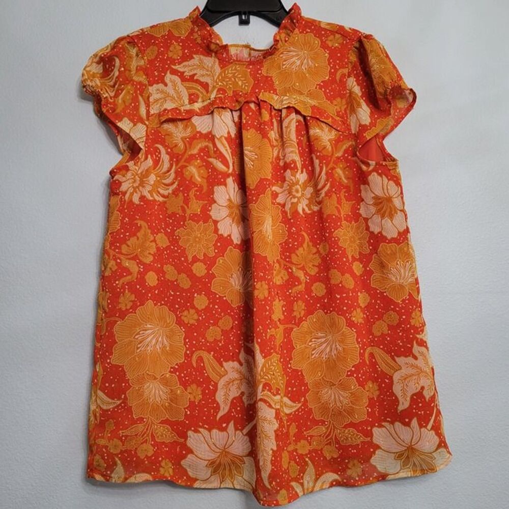 Joie Ruffle Collar Floral Gold Metallic Accent Swing Blouse Size Medium